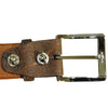 Closeup of an Elephant Game Skin Belt, color Brown. The belt has a stainless steel buckle, two Chicago-style belt length adjustment screws, and a matching leather keeper loop. Genuine game skin leather.
