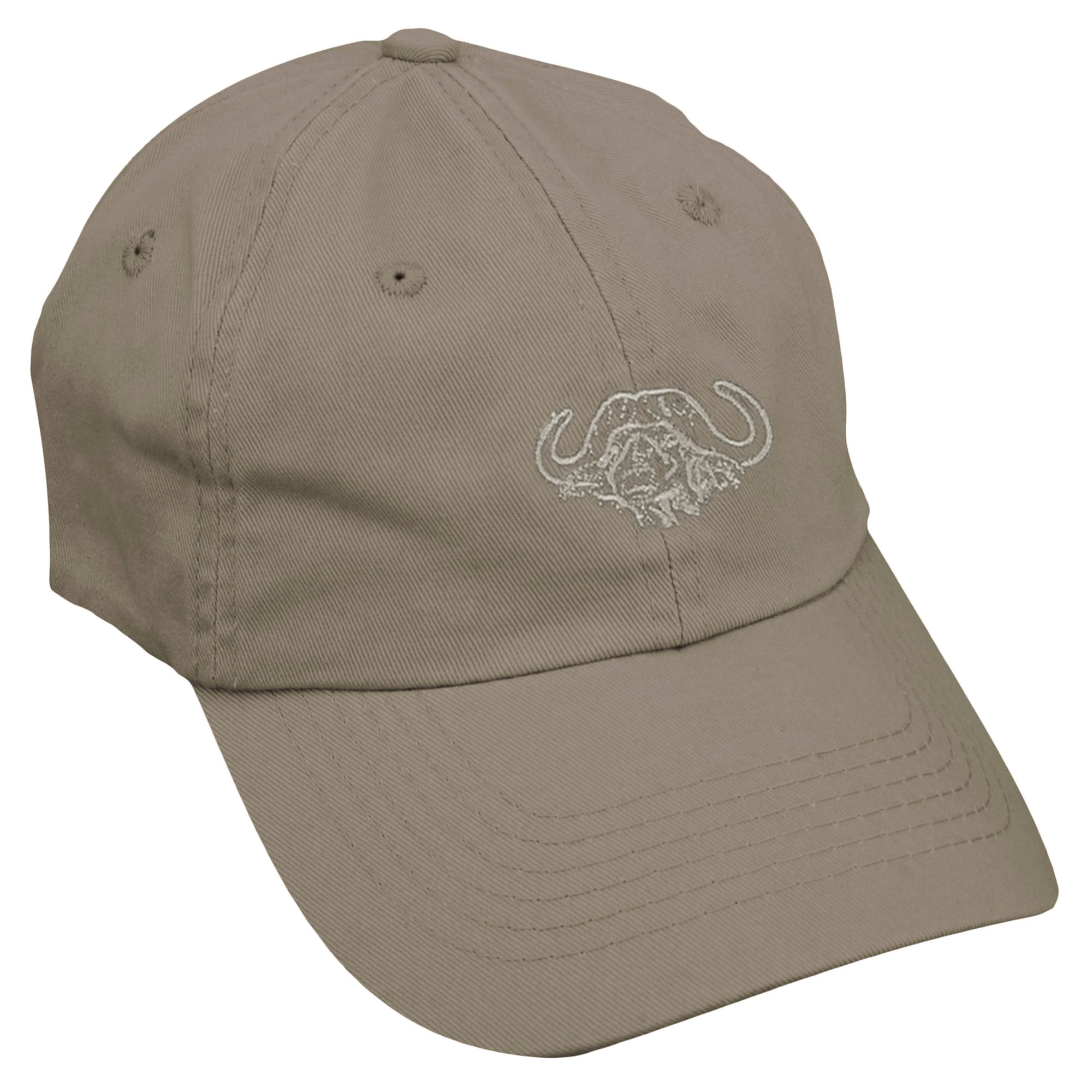 Front view of a Buffalo Embroidered Cap, color Khaki. The cap has six double-stitched panels with matching buttonholed eyelet vents, a crown button on top, a pre-curved visor, a one-size-fits-most Velcro strap adjuster in back, and an embroidered Tag Safari buffalo in front. 100% cotton twill.--2