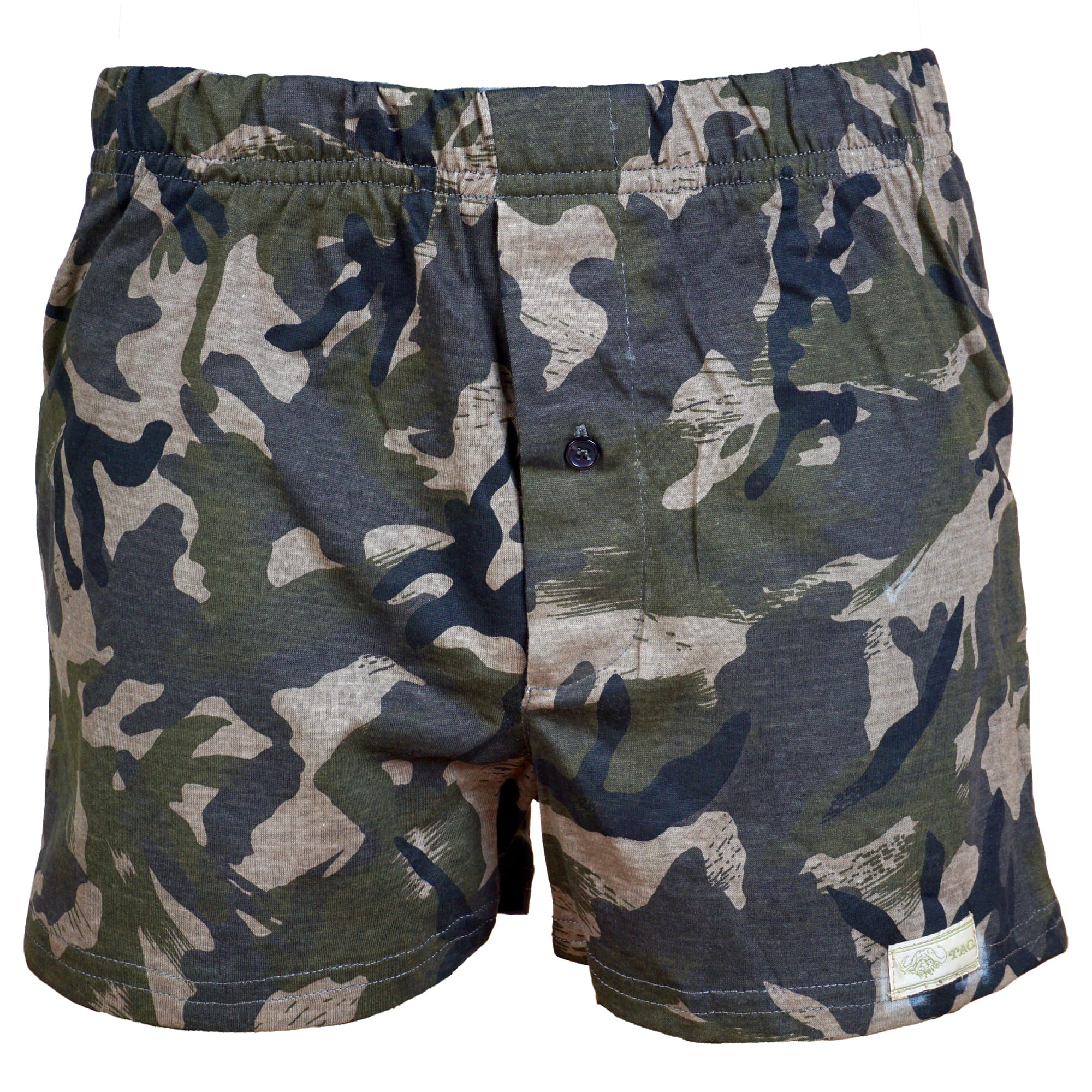 Front view of a pair of Go Wild Boxers, color Olive Drab Jungle Camouflage. The boxers have an elastic waistband, a buttoned front fly, and a Tag Buffalo label on the bottom front of the left leg. 100% cotton.--5