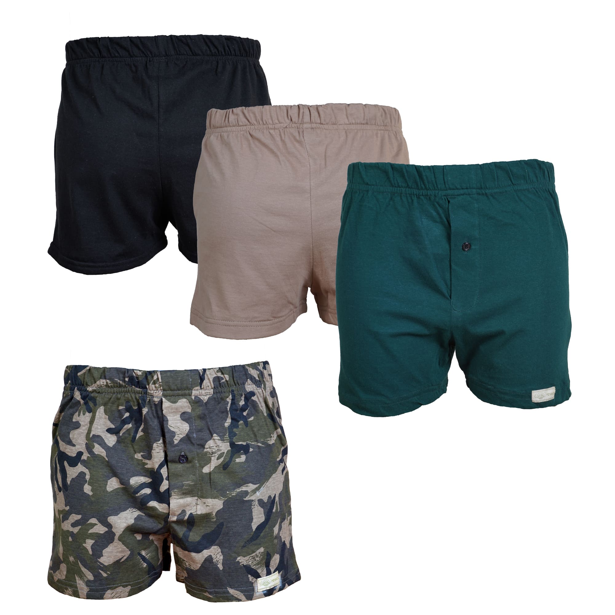 Front view of four pairs of Go Wild Boxers, one Black, one Tan, one Green, and one Olive Drab Jungle Camouflage. Each have an elastic waistband, a buttoned front fly, and a Tag Buffalo label on the bottom front of the left leg. 100% cotton.--3