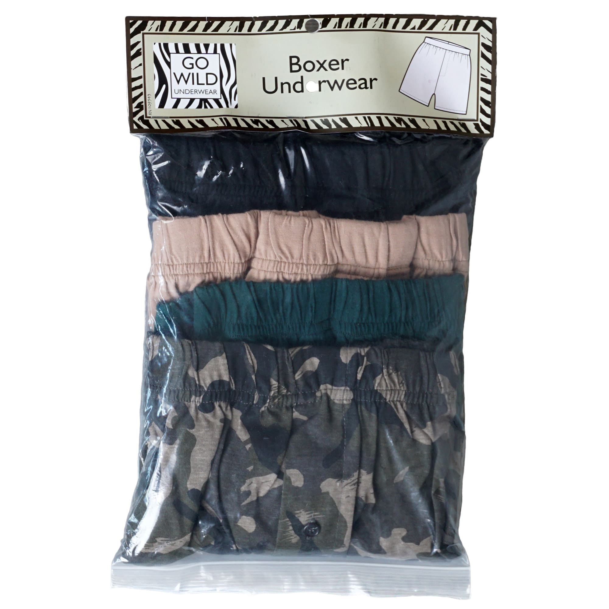Front view of four pairs of Go Wild Boxers, one Black, one Tan, one Green, and one Olive Drab Jungle Camouflage. Each have an elastic waistband, a buttoned front fly, and a Tag Buffalo label on the bottom front of the left leg. 100% cotton.--4