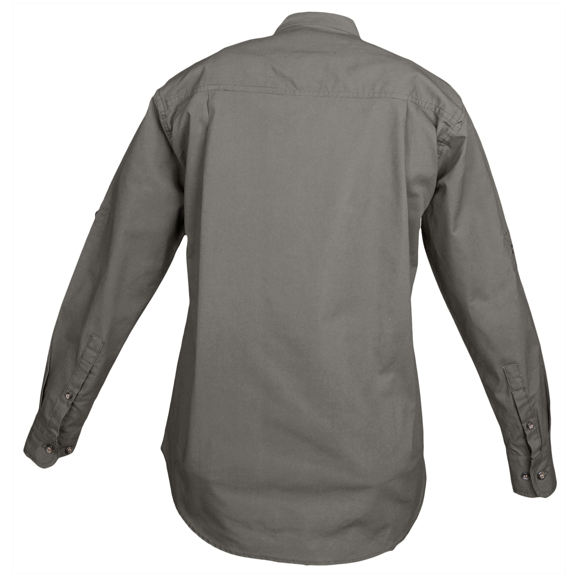 Back view of a Woman's Trail Shirt in Long Sleeves, color Olive. The shirt has a dual layer yoke, functional cross-stitched shoulder straps, double stitching throughout, and long rounded tails for tucking into pants. 100% cotton.--8