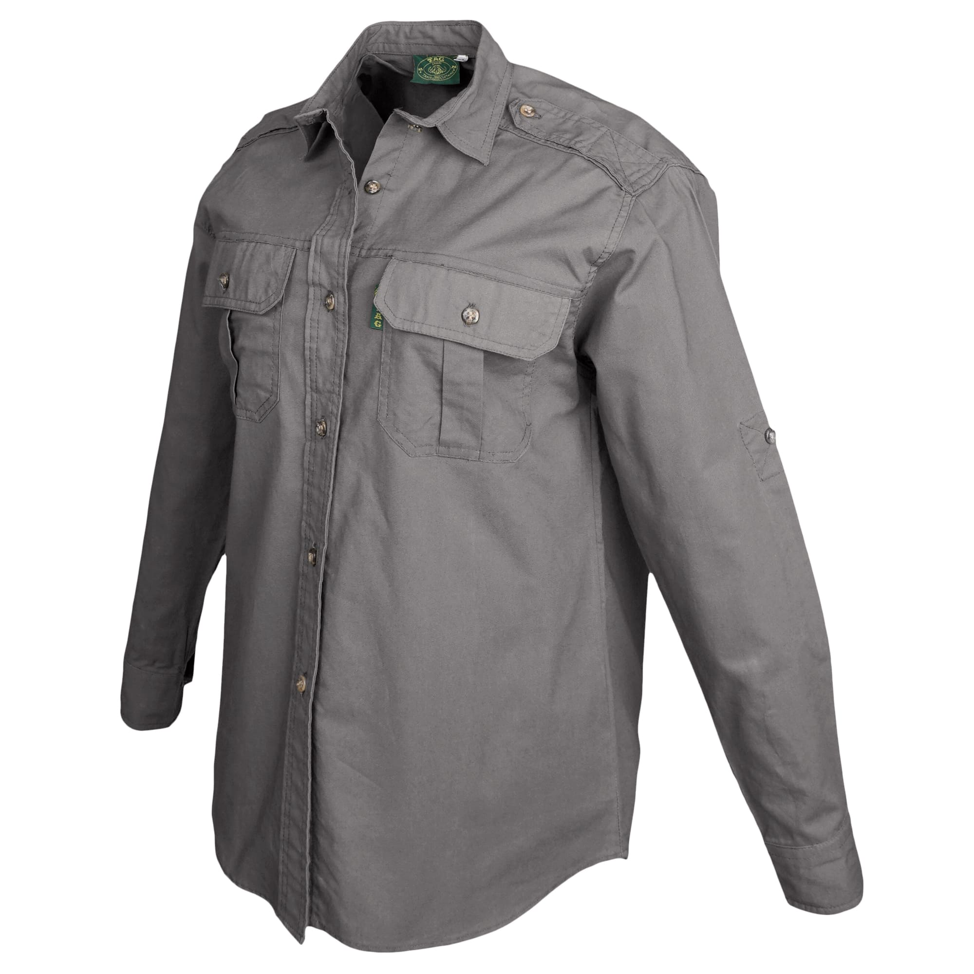 Side view of a Woman's Trail Shirt in Long Sleeves, color Olive. The shirt has two flap-covered chest pockets, functional cross-stitched shoulder straps, a button-front placket, double stitching throughout, and long rounded tails for tucking into pants. 100% cotton.--9