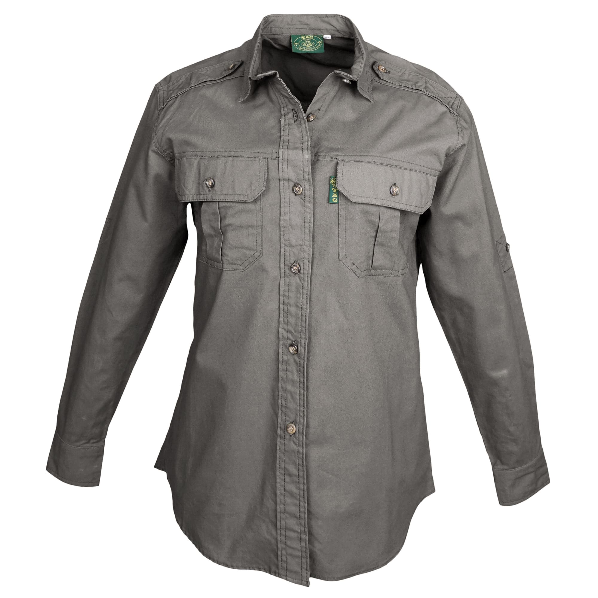 Front view of a Woman's Trail Shirt in Long Sleeves, color Olive. The shirt has two flap-covered chest pockets, functional cross-stitched shoulder straps, a button-front placket, double stitching throughout, and long rounded tails for tucking into pants. 100% cotton.--7