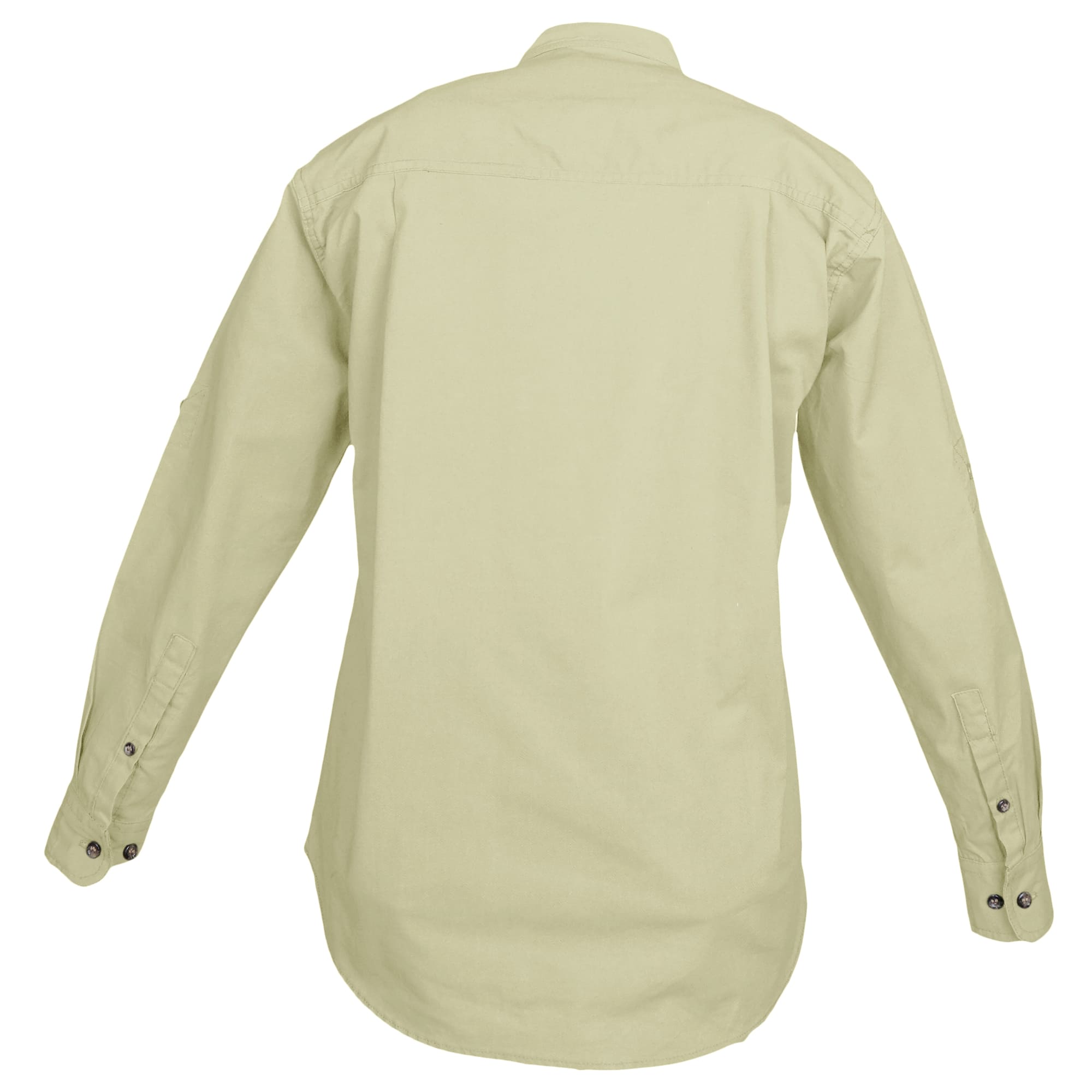 Back view of a Woman's Trail Shirt in Long Sleeves, color Stone. The shirt has a dual layer yoke, functional cross-stitched shoulder straps, double stitching throughout, and long rounded tails for tucking into pants. 100% cotton.--5