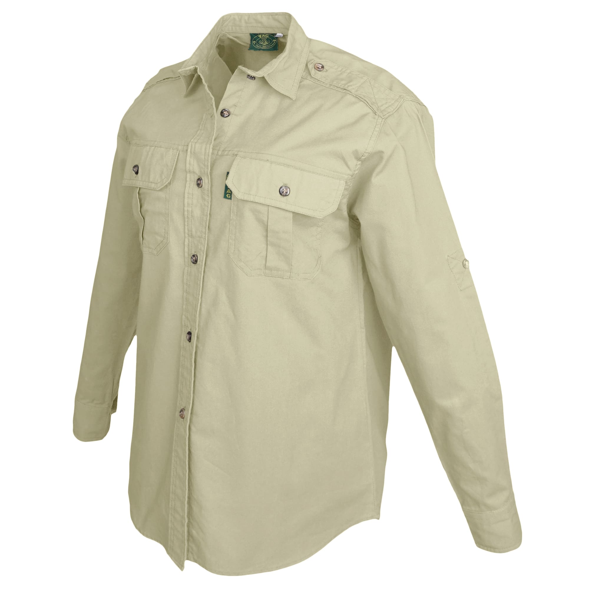 Side view of a Woman's Trail Shirt in Long Sleeves, color Stone. The shirt has two flap-covered chest pockets, functional cross-stitched shoulder straps, a button-front placket, double stitching throughout, and long rounded tails for tucking into pants. 100% cotton.--6