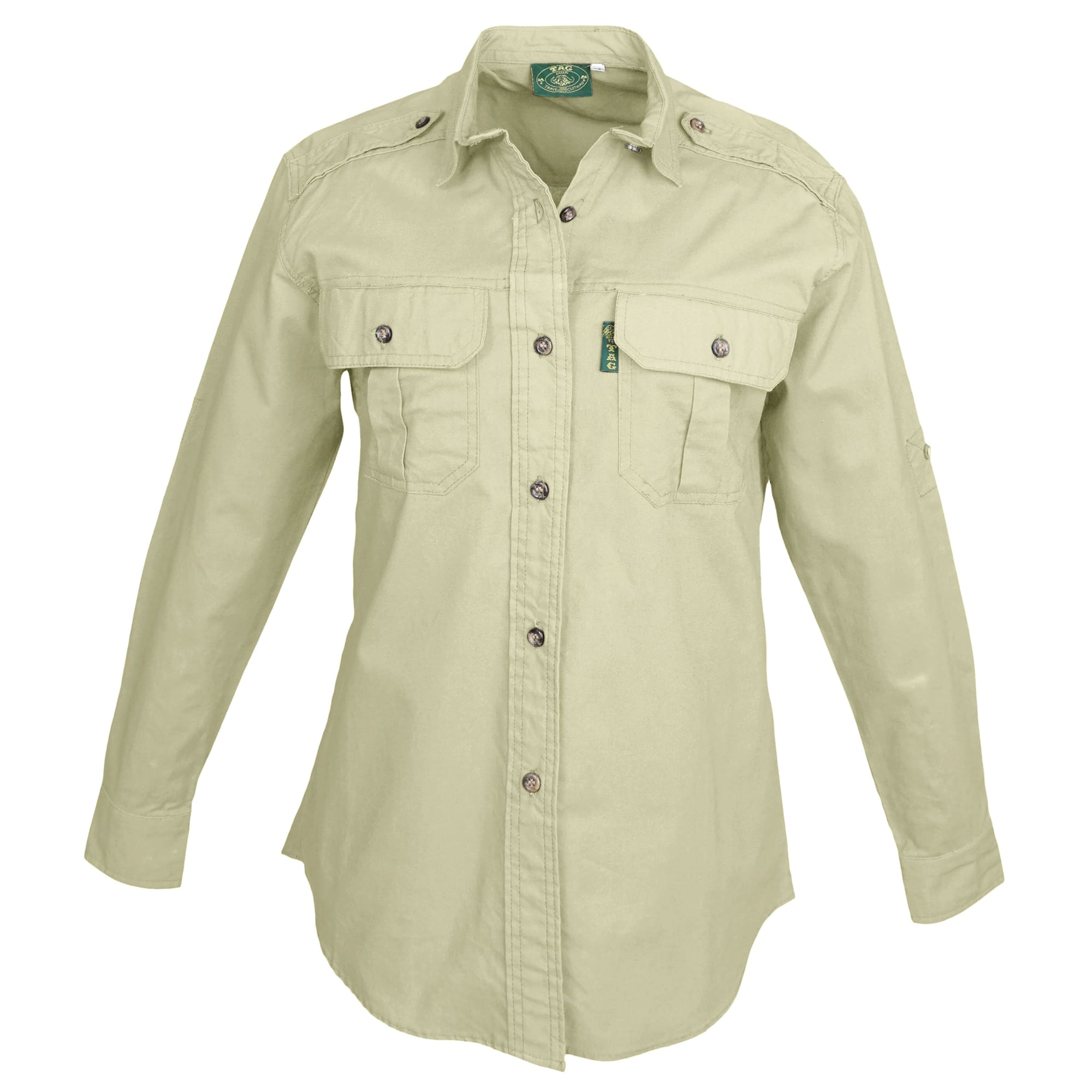 Front view of a Woman's Trail Shirt in Long Sleeves, color Stone. The shirt has two flap-covered chest pockets, functional cross-stitched shoulder straps, a button-front placket, double stitching throughout, and long rounded tails for tucking into pants. 100% cotton.--4