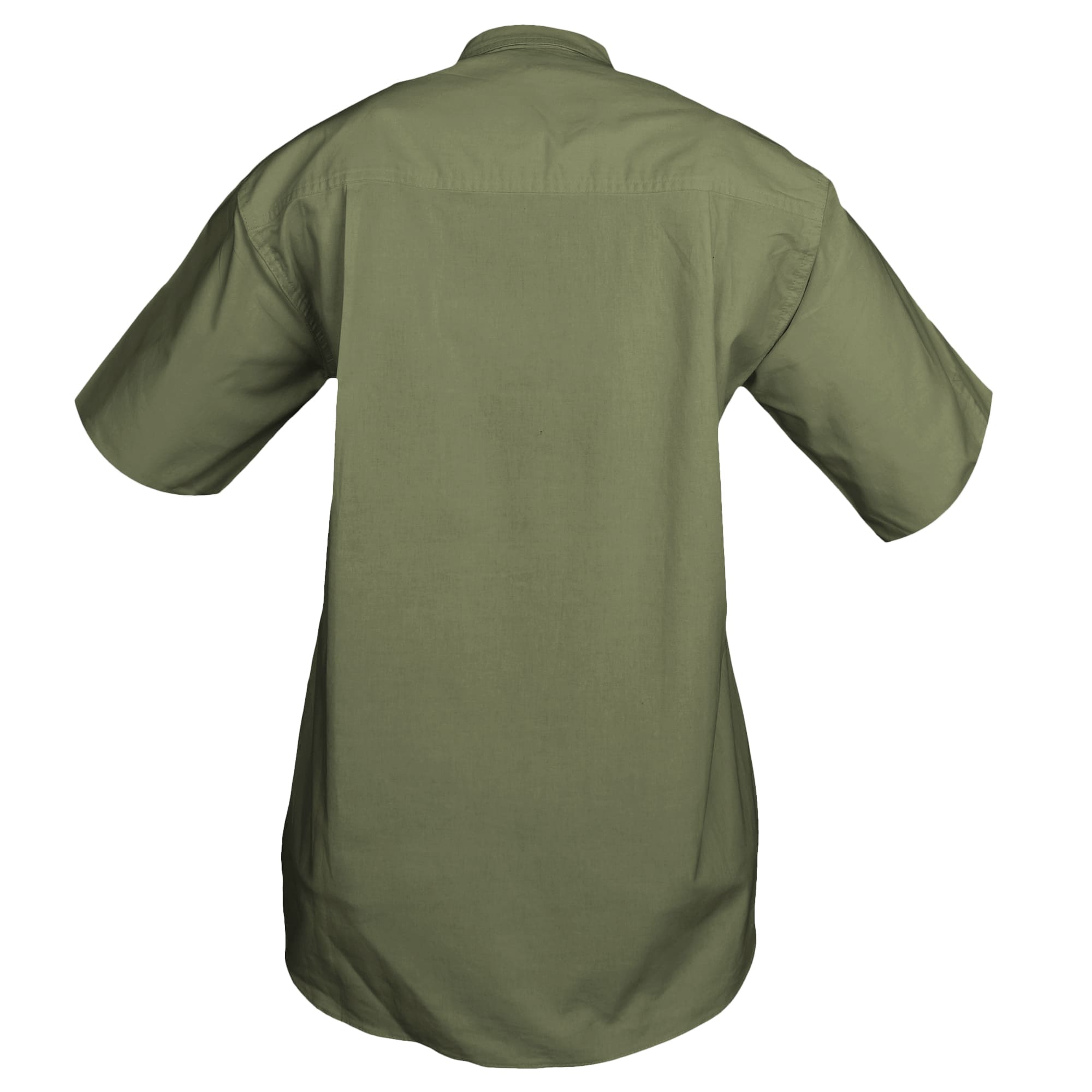 Back view of a Woman's Trail Shirt in Short Sleeves, color Moss. The shirt has a dual layer yoke, functional cross-stitched shoulder straps, double stitching throughout, and long rounded tails for tucking into pants. 100% cotton.--11