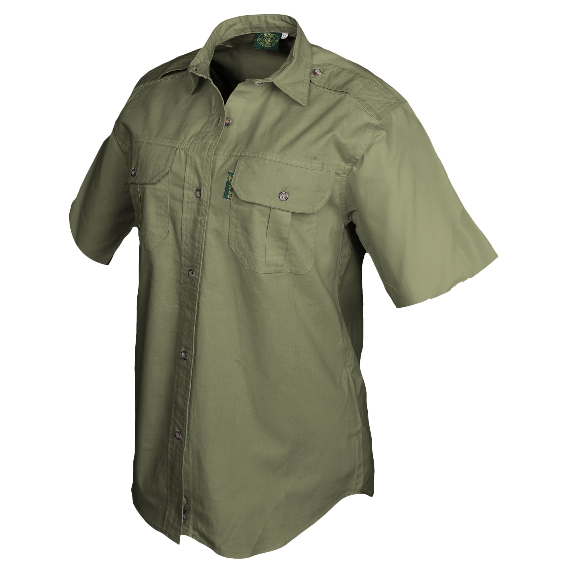 Side view of a Woman's Trail Shirt in Short Sleeves, color Moss. The shirt has two flap-covered chest pockets, functional cross-stitched shoulder straps, a button-front placket, double stitching throughout, and long rounded tails for tucking into pants. 100% cotton.--12
