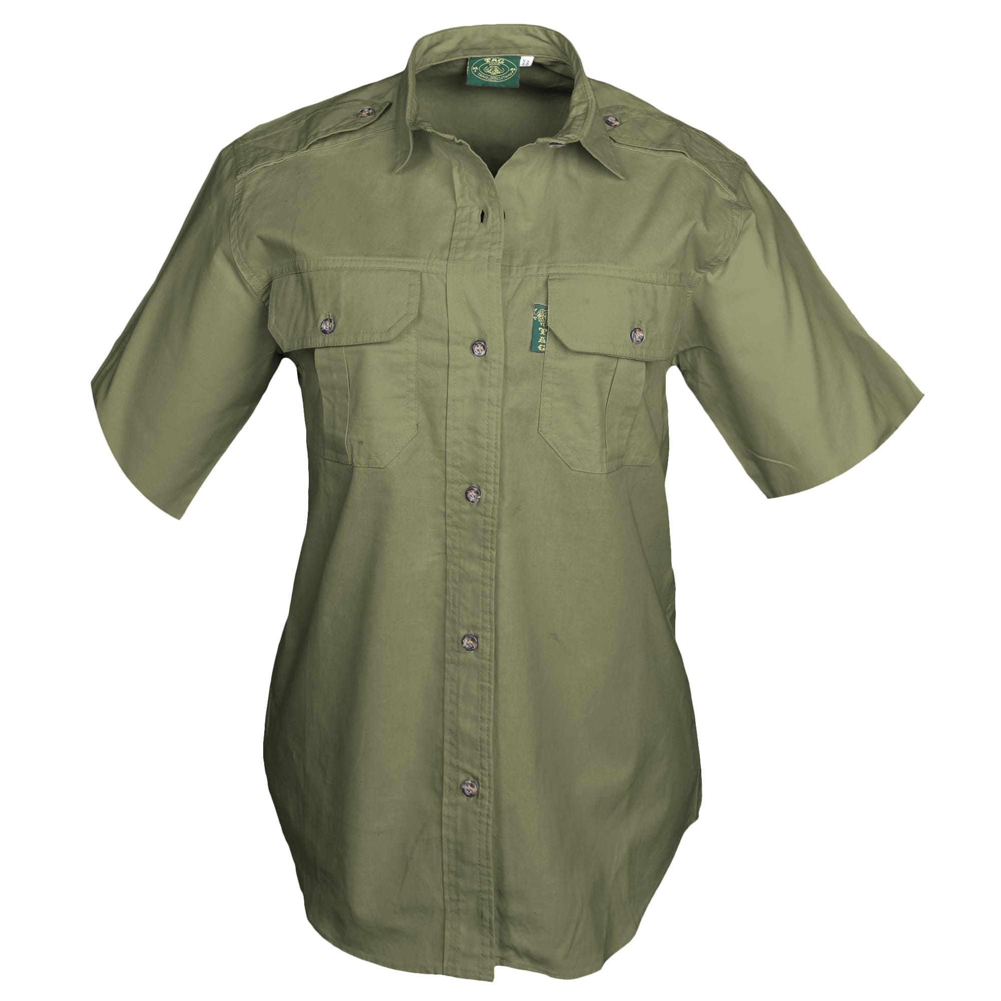 Front view of a Woman's Trail Shirt in Short Sleeves, color Moss. The shirt has two flap-covered chest pockets, functional cross-stitched shoulder straps, a button-front placket, double stitching throughout, and long rounded tails for tucking into pants. 100% cotton.--10