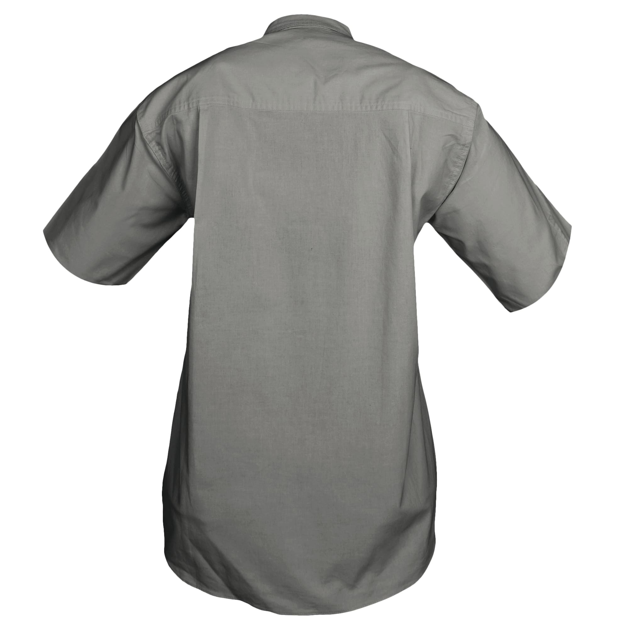Back view of a Woman's Trail Shirt in Short Sleeves, color Olive. The shirt has a dual layer yoke, functional cross-stitched shoulder straps, double stitching throughout, and long rounded tails for tucking into pants. 100% cotton.--8