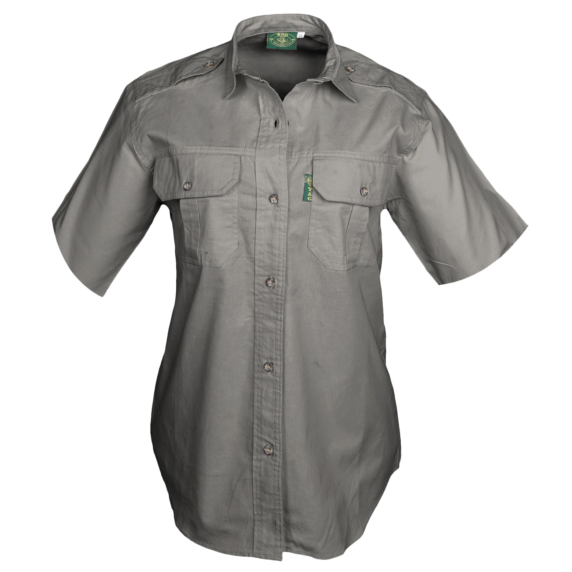Front view of a Woman's Trail Shirt in Short Sleeves, color Olive. The shirt has two flap-covered chest pockets, functional cross-stitched shoulder straps, a button-front placket, double stitching throughout, and long rounded tails for tucking into pants. 100% cotton.--7