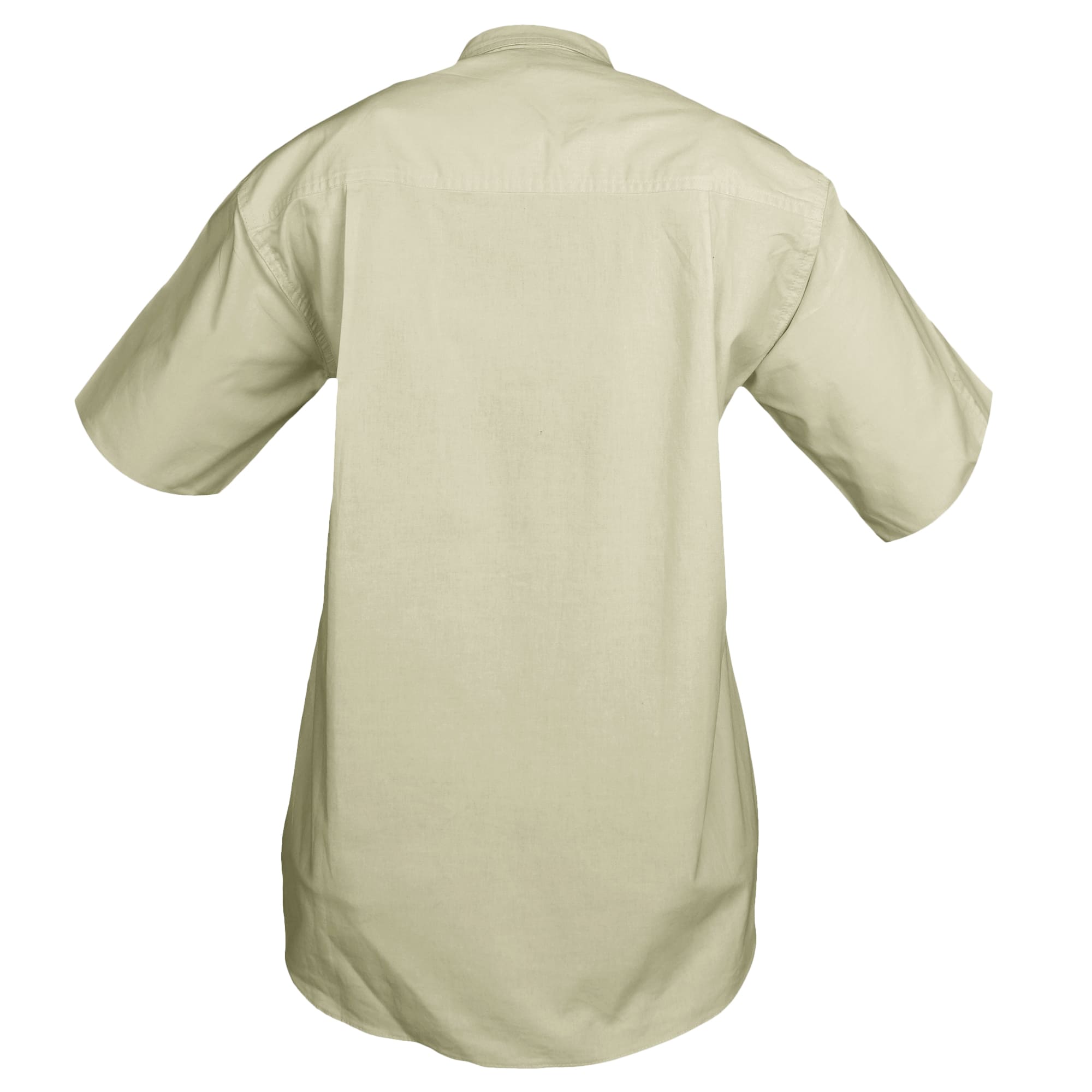 Back view of a Woman's Trail Shirt in Short Sleeves, color Stone. The shirt has a dual layer yoke, functional cross-stitched shoulder straps, double stitching throughout, and long rounded tails for tucking into pants. 100% cotton.--5