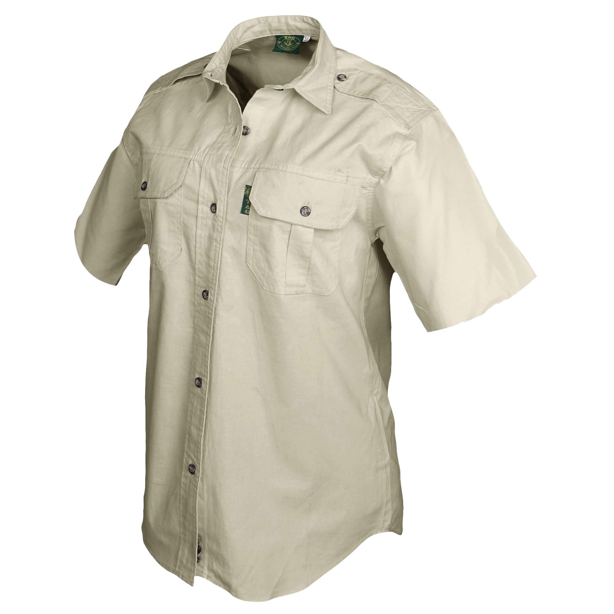 Side view of a Woman's Trail Shirt in Short Sleeves, color Stone. The shirt has two flap-covered chest pockets, functional cross-stitched shoulder straps, a button-front placket, double stitching throughout, and long rounded tails for tucking into pants. 100% cotton.--6