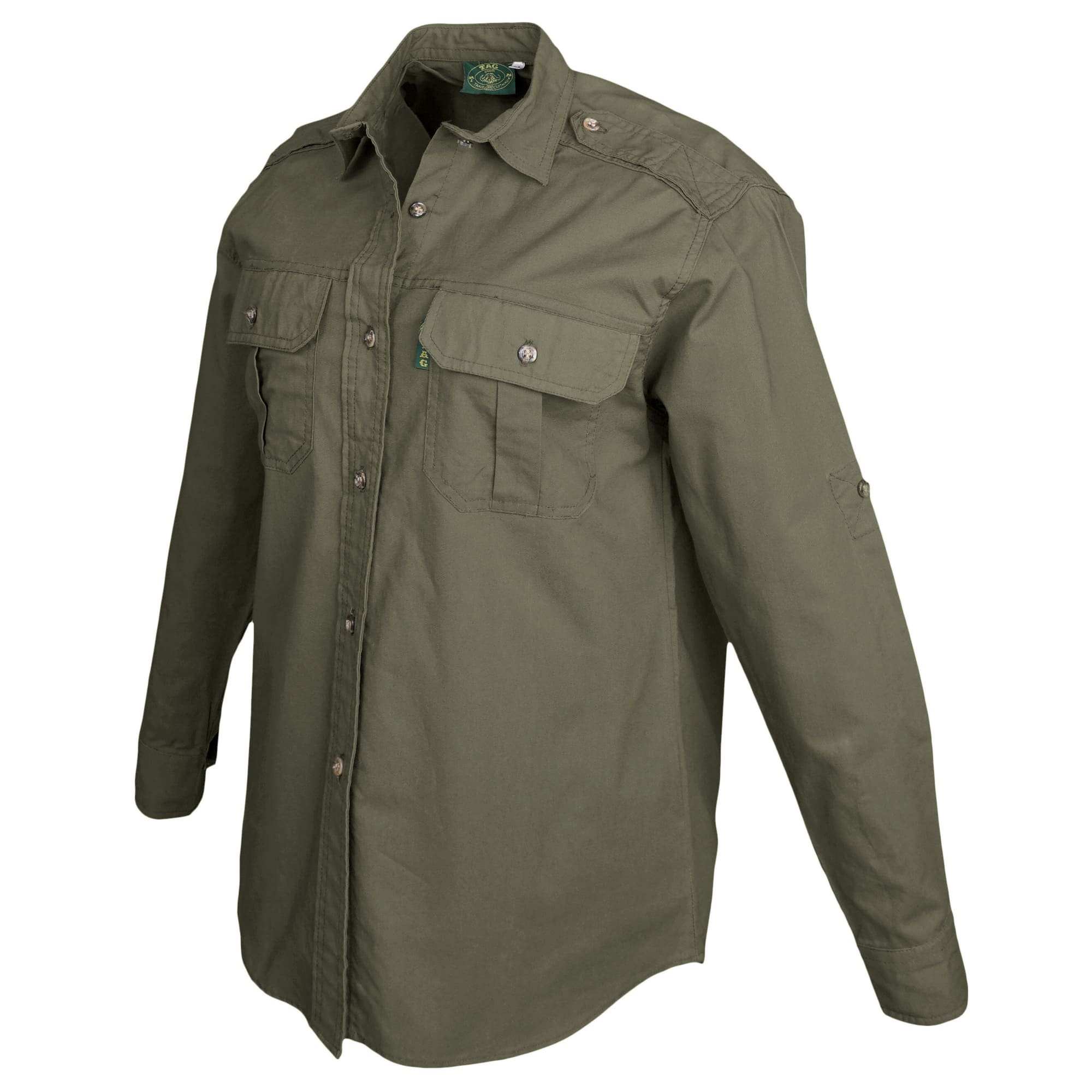 Side view of a Woman's Trail Shirt in Long Sleeves, color Moss. The shirt has two flap-covered chest pockets, functional cross-stitched shoulder straps, a button-front placket, double stitching throughout, and long rounded tails for tucking into pants. 100% cotton.--12