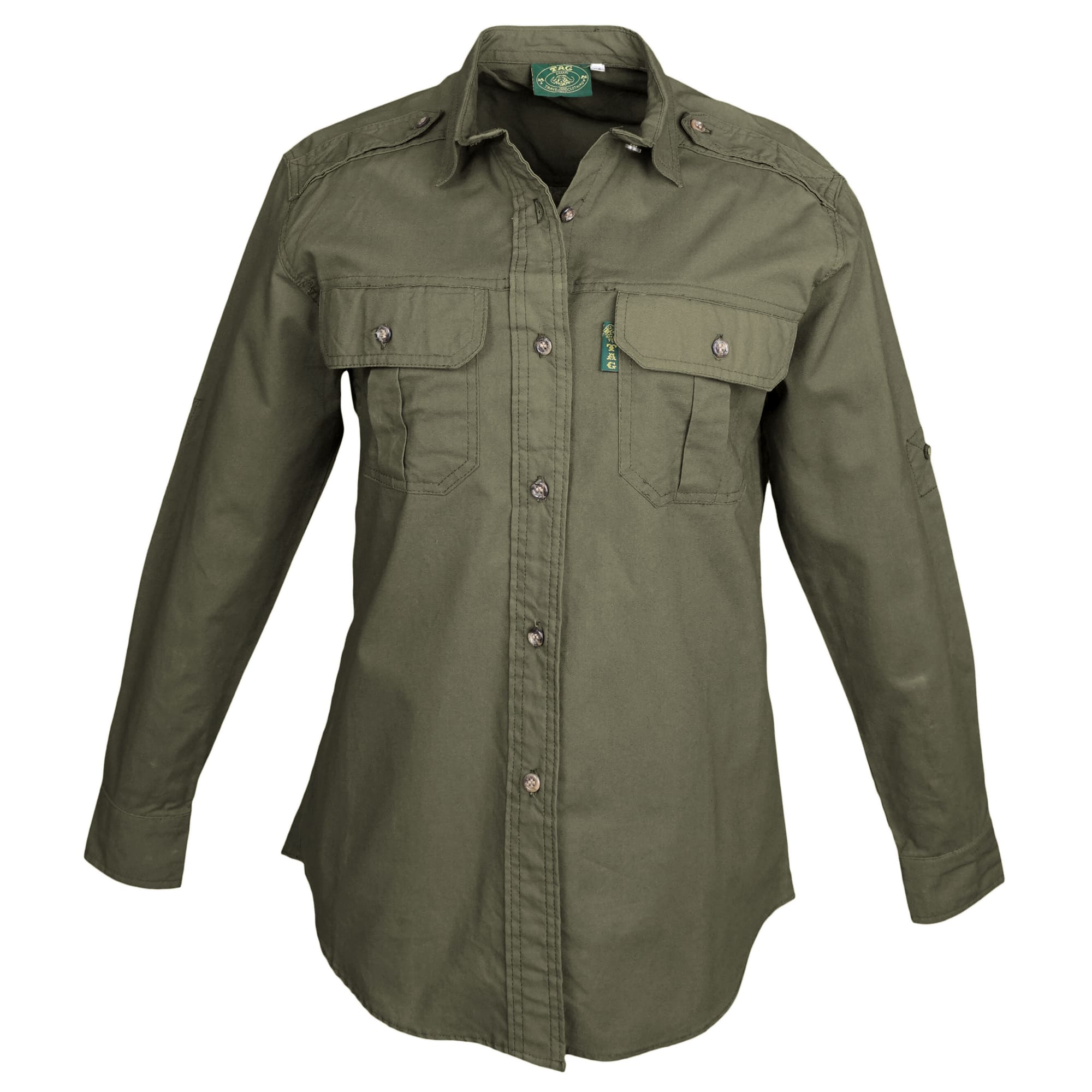 Front view of a Woman's Trail Shirt in Long Sleeves, color Moss. The shirt has two flap-covered chest pockets, functional cross-stitched shoulder straps, a button-front placket, double stitching throughout, and long rounded tails for tucking into pants. 100% cotton.--10