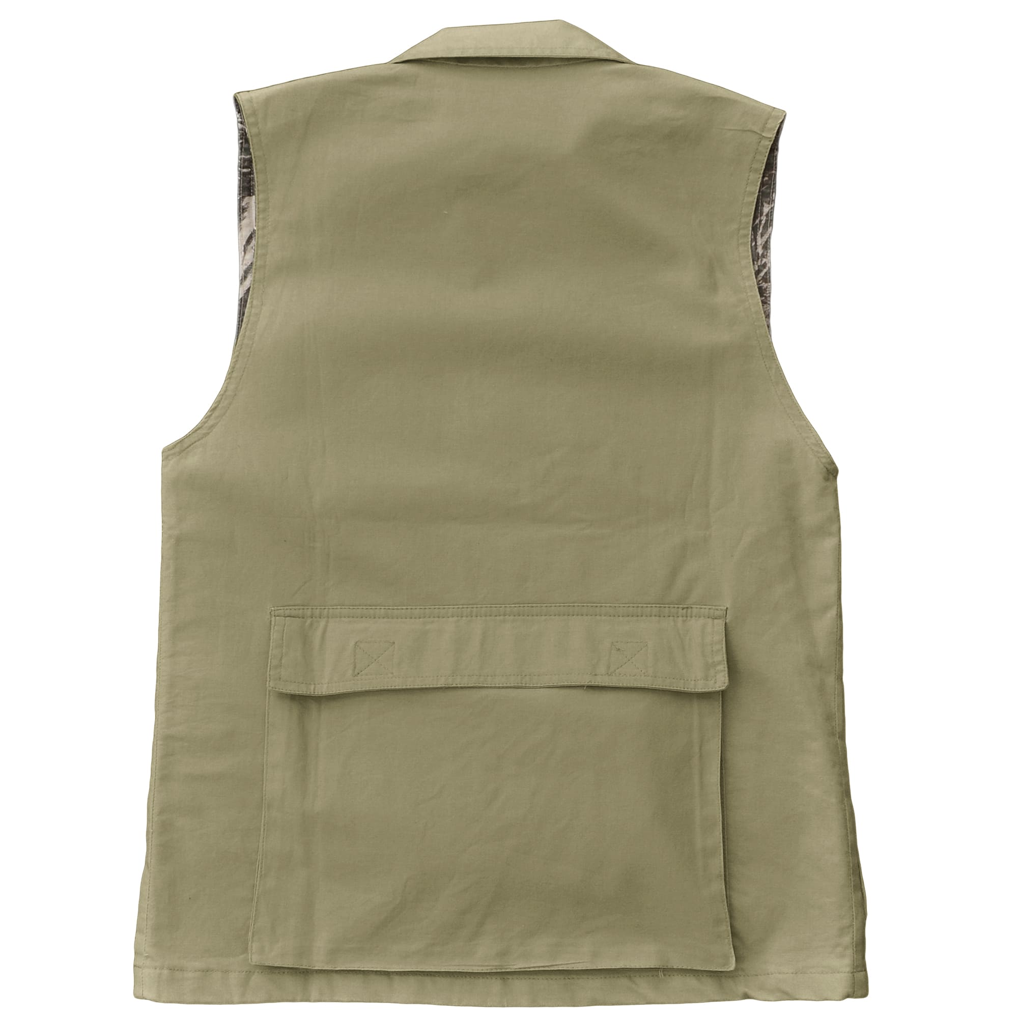 Back of a Women's Safari Vest, color Khaki. The vest has a protective fold-up collar, an oversized flap covered back pocket, and double stitching throughout. 100% cotton.--2
