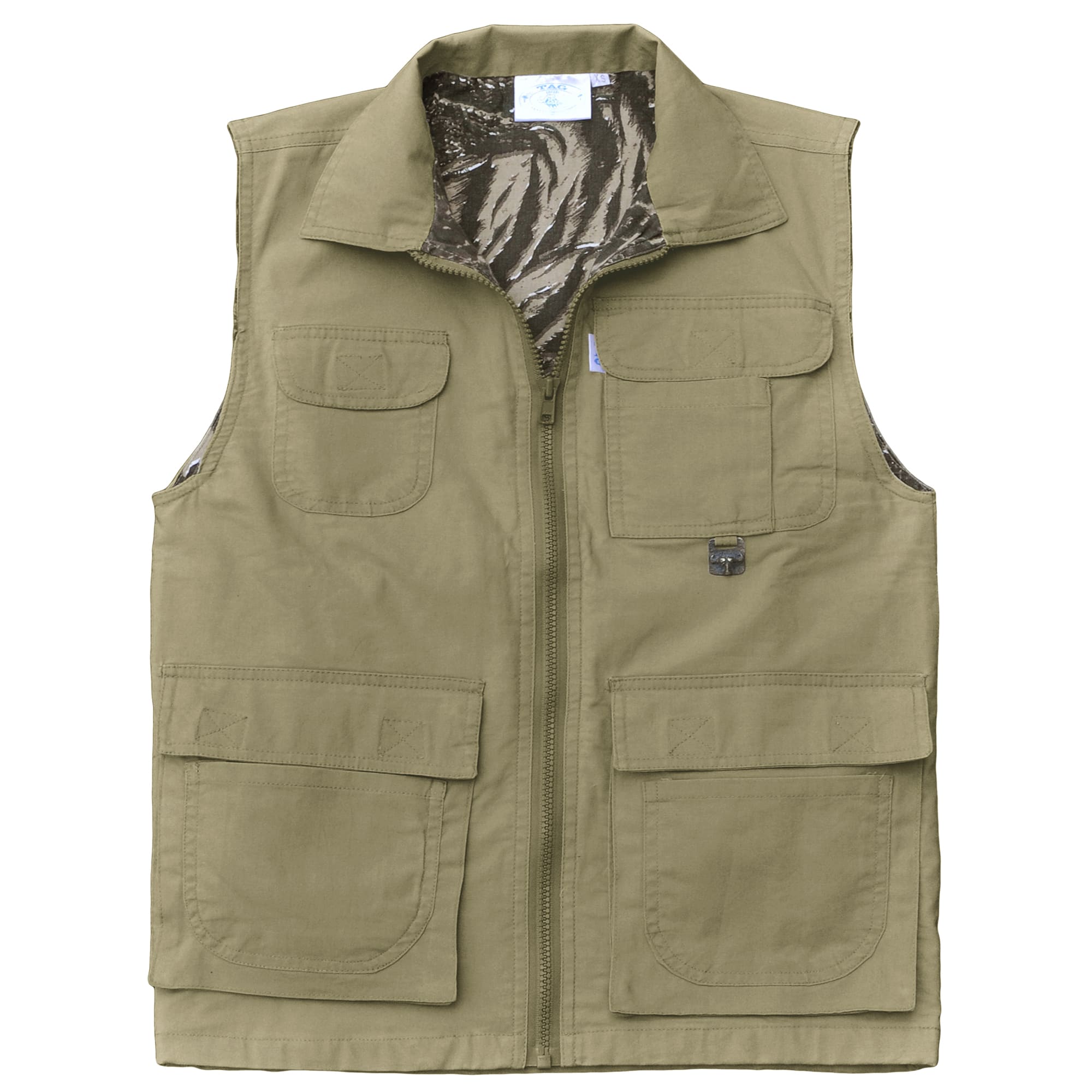 Front of a Women's Safari Vest, color Khaki. The vest has a protective fold-up collar, two flap-covered chest pockets, two large flap-covered pockets at the waist, a zippered security pocket inside, a full zippered front, a printed cotton inside liner, and double stitching throughout. 100% cotton.--1