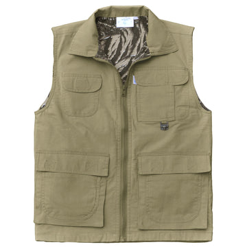 Front of a Women's Safari Vest, color Khaki. The vest has a protective fold-up collar, two flap-covered chest pockets, two large flap-covered pockets at the waist, a zippered security pocket inside, a full zippered front, a printed cotton inside liner, and double stitching throughout. 100% cotton.