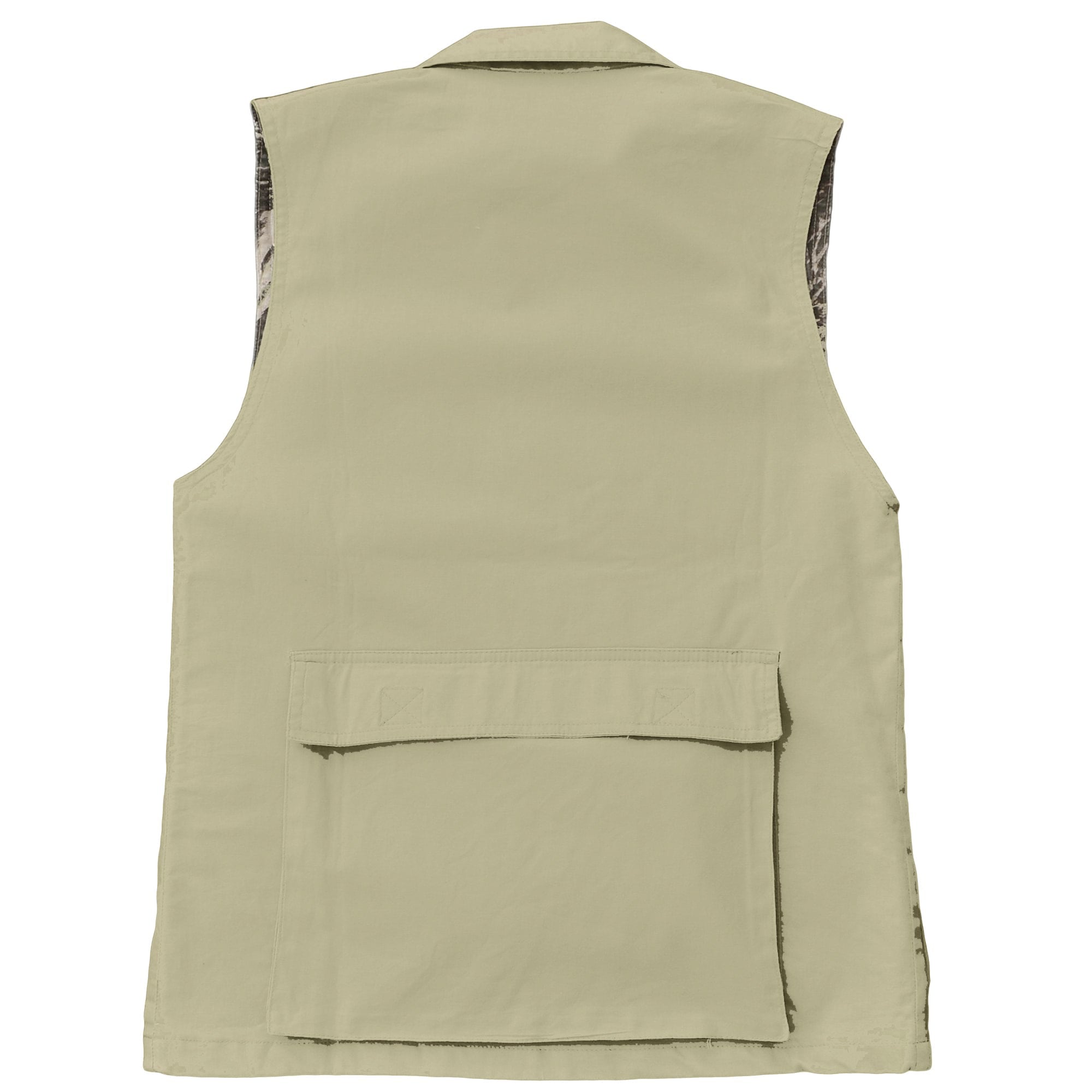 Back of a Women's Safari Vest, color Stone. The vest has a protective fold-up collar, an oversized flap covered back pocket, and double stitching throughout. 100% cotton.--4