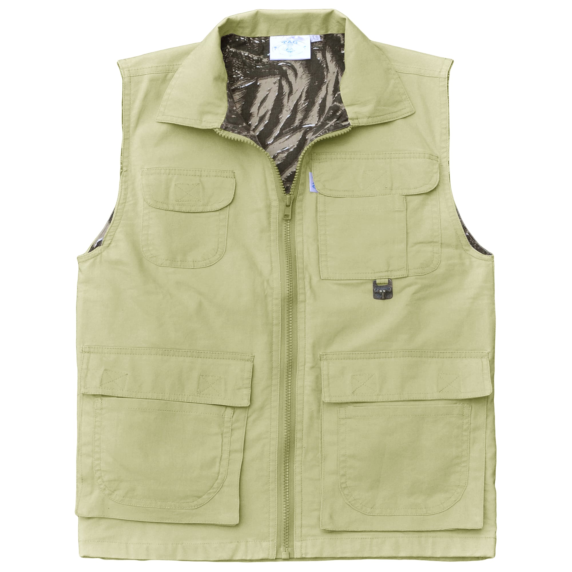 Front of a Women's Safari Vest, color Stone. The vest has a protective fold-up collar, two flap-covered chest pockets, two large flap-covered pockets at the waist, a zippered security pocket inside, a full zippered front, a printed cotton inside liner, and double stitching throughout. 100% cotton.--3