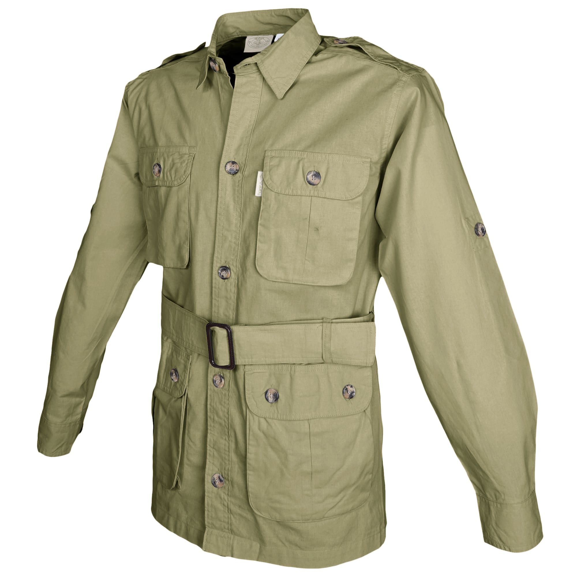 Side view of a Men's Safari Jacket, color Khaki. The jacket has two large flap-covered cargo-style chest pockets, two large flap-covered cargo-style waist pockets, functional cross-stitched shoulder straps, Swiss roll-up tabs on the sleeves, a button-front placket, a buckled waist belt, and double stitching throughout. 100% cotton.--3