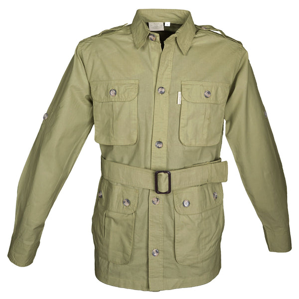 Front view of a Men's Safari Jacket, color Khaki. The jacket has two large flap-covered cargo-style chest pockets, two large flap-covered cargo-style waist pockets, functional cross-stitched shoulder straps, Swiss roll-up tabs on the sleeves, a button-front placket, a buckled waist belt, and double stitching throughout. 100% cotton.