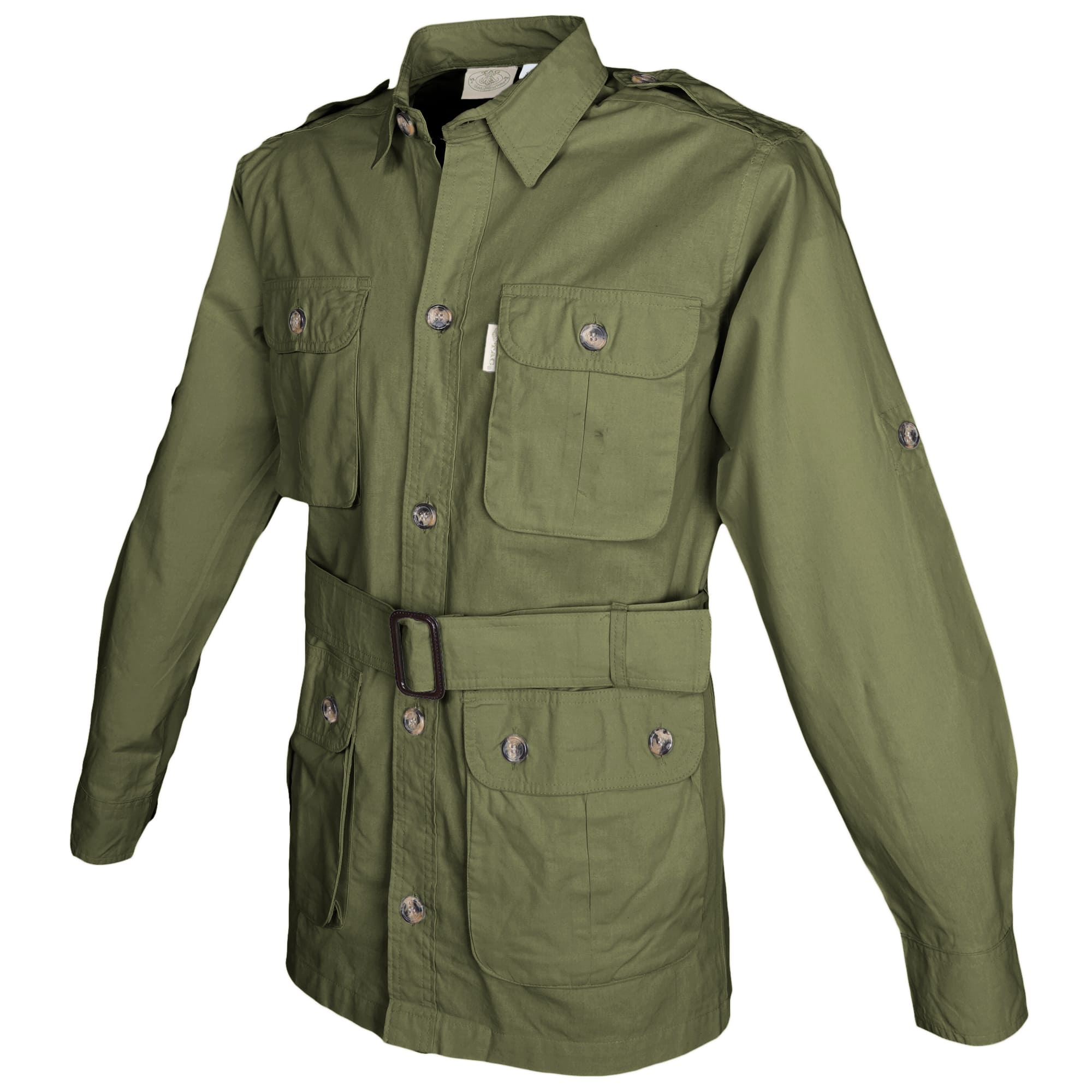 Side view of a Men's Safari Jacket, color Moss. The jacket has two large flap-covered cargo-style chest pockets, two large flap-covered cargo-style waist pockets, functional cross-stitched shoulder straps, Swiss roll-up tabs on the sleeves, a button-front placket, a buckled waist belt, and double stitching throughout. 100% cotton.--12