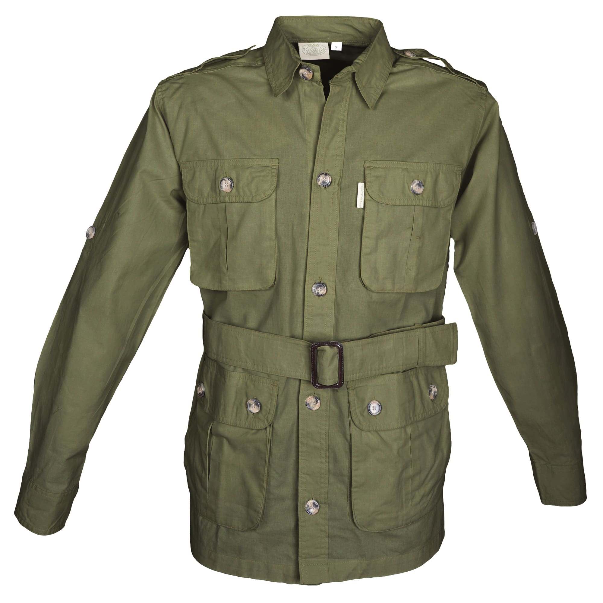 Front view of a Men's Safari Jacket, color Moss. The jacket has two large flap-covered cargo-style chest pockets, two large flap-covered cargo-style waist pockets, functional cross-stitched shoulder straps, Swiss roll-up tabs on the sleeves, a button-front placket, a buckled waist belt, and double stitching throughout. 100% cotton.--10