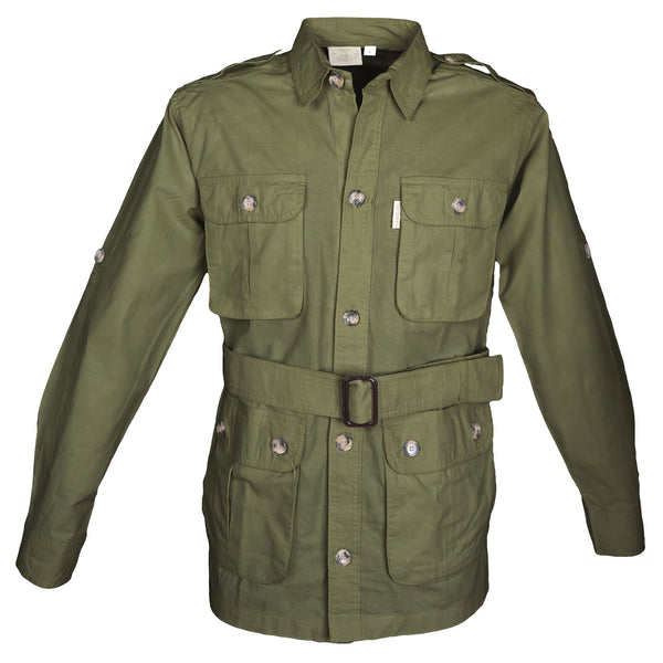 Front view of a Men's Safari Jacket, color Moss. The jacket has two large flap-covered cargo-style chest pockets, two large flap-covered cargo-style waist pockets, functional cross-stitched shoulder straps, Swiss roll-up tabs on the sleeves, a button-front placket, a buckled waist belt, and double stitching throughout. 100% cotton.