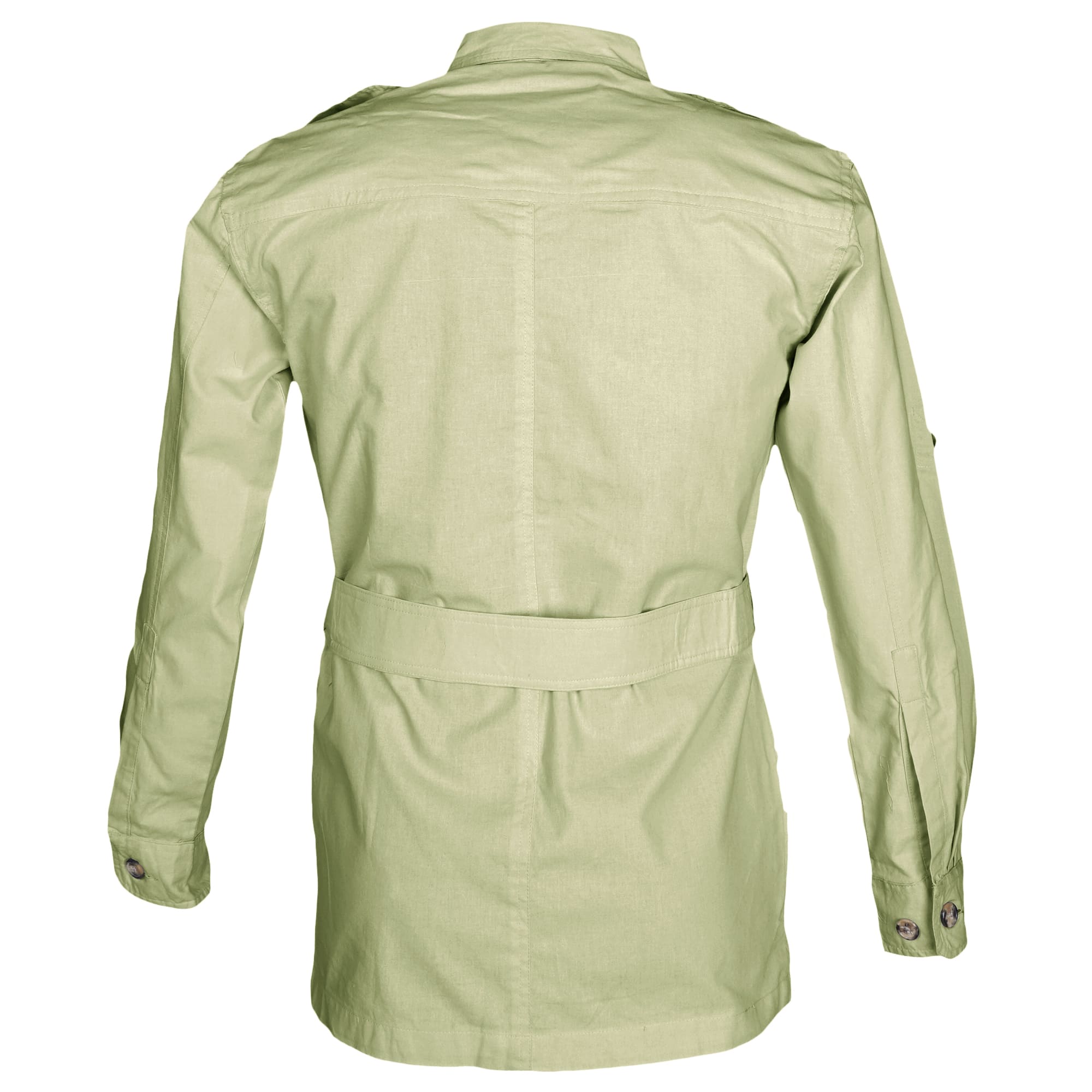 Back view of a Men's Safari Jacket, color Stone. The jacket has a double yolk, functional cross-stitched shoulder straps, Swiss roll-up tabs on the sleeves, a buckled waist belt, and double stitching throughout. 100% cotton.--5