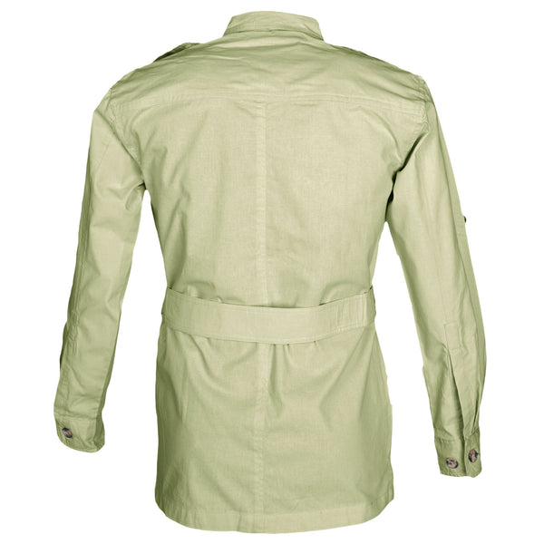 Back view of a Men's Safari Jacket, color Stone. The jacket has a double yolk, functional cross-stitched shoulder straps, Swiss roll-up tabs on the sleeves, a buckled waist belt, and double stitching throughout. 100% cotton.