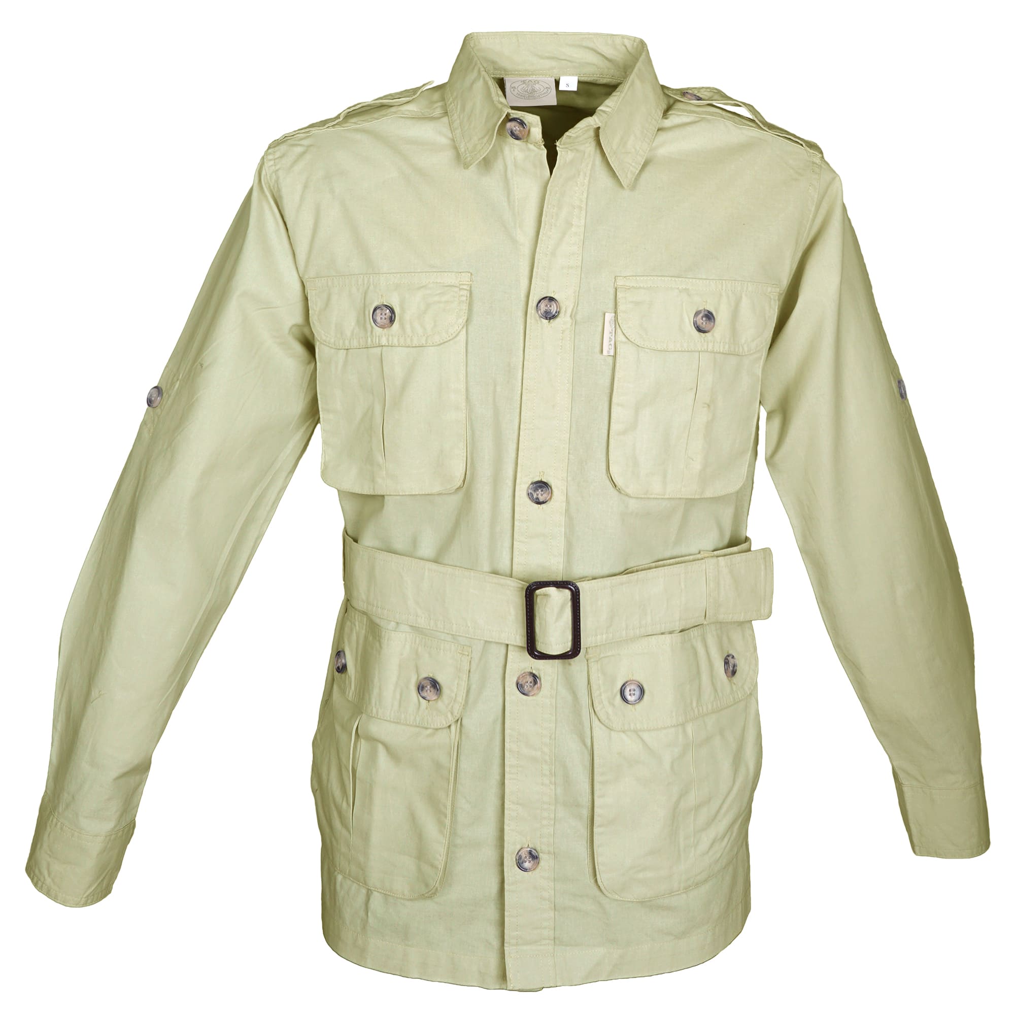 Front view of a Men's Safari Jacket, color Stone. The jacket has two large flap-covered cargo-style chest pockets, two large flap-covered cargo-style waist pockets, functional cross-stitched shoulder straps, Swiss roll-up tabs on the sleeves, a button-front placket, a buckled waist belt, and double stitching throughout. 100% cotton.--4