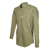 Side view of a Men's Vent Back Adventure Shirt in Long Sleeves, color Khaki. The shirt has two flap-covered chest pockets, button-down collars, buttoned Swiss tabs on the sleeves, a button-front placket, double stitching throughout, and long rounded tails for tucking into pants. 100% cotton.