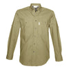 Front view of a Men's Vent Back Adventure Shirt in Long Sleeves, color Khaki. The shirt has two flap-covered chest pockets, button-down collars, buttoned Swiss tabs on the sleeves, a button-front placket, double stitching throughout, and long rounded tails for tucking into pants. 100% cotton.