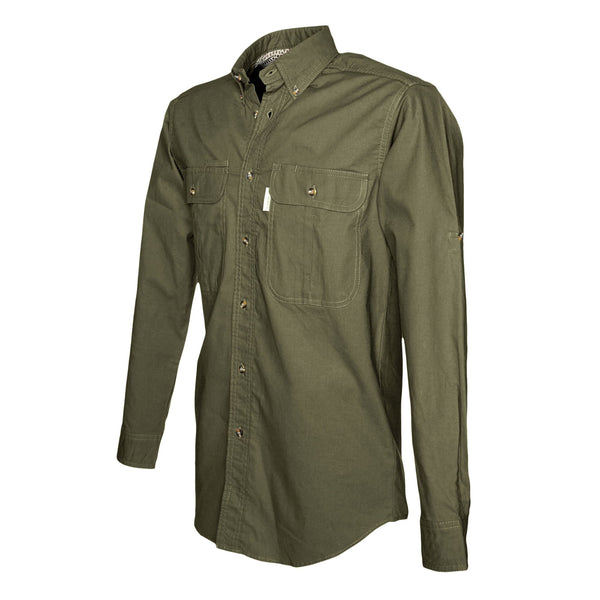 Side view of a Men's Vent Back Adventure Shirt in Long Sleeves, color Moss. The shirt has two flap-covered chest pockets, button-down collars, buttoned Swiss tabs on the sleeves, a button-front placket, double stitching throughout, and long rounded tails for tucking into pants. 100% cotton.