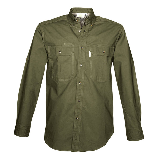 Front view of a Men's Vent Back Adventure Shirt in Long Sleeves, color Moss. The shirt has two flap-covered chest pockets, button-down collars, buttoned Swiss tabs on the sleeves, a button-front placket, double stitching throughout, and long rounded tails for tucking into pants. 100% cotton.