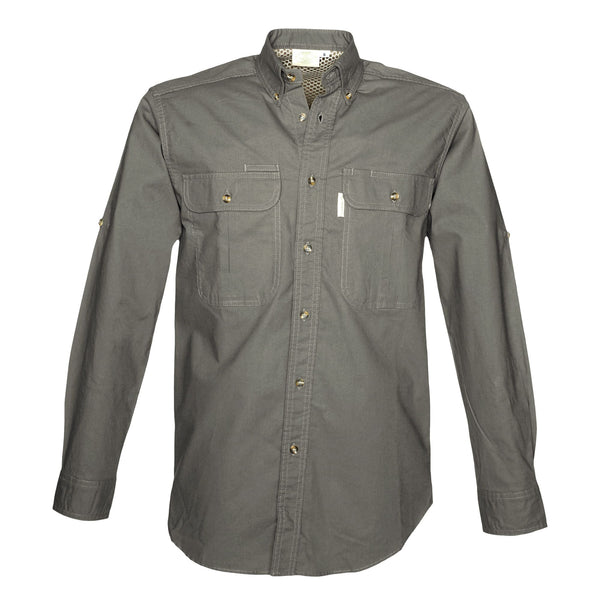 Front view of a Men's Vent Back Adventure Shirt in Long Sleeves, color Olive. The shirt has two flap-covered chest pockets, button-down collars, buttoned Swiss tabs on the sleeves, a button-front placket, double stitching throughout, and long rounded tails for tucking into pants. 100% cotton.