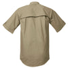 Back view of a Men's Vent Back Adventure Shirt in Short Sleeves, color Khaki. The shirt has a mesh-lined vented back, buttoned roll-up tabs on the sleeve cuffs, and long rounded tails for tucking into pants. 100% cotton.