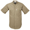 Front view of a Men's Vent Back Adventure Shirt in Short Sleeves, color Khaki. The shirt has two flap-covered chest pockets, button-down collars, buttoned roll-up tabs on the sleeve cuffs, a button-front placket, double stitching throughout, and long rounded tails for tucking into pants. 100% cotton.
