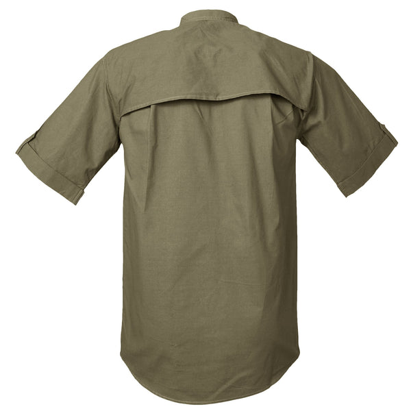 Back view of a Men's Vent Back Adventure Shirt in Short Sleeves, color Moss. The shirt has a mesh-lined vented back, buttoned roll-up tabs on the sleeve cuffs, and long rounded tails for tucking into pants. 100% cotton.