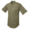 Side view of a Men's Vent Back Adventure Shirt in Short Sleeves, color Moss. The shirt has two flap-covered chest pockets, button-down collars, buttoned roll-up tabs on the sleeve cuffs, a button-front placket, double stitching throughout, and long rounded tails for tucking into pants. 100% cotton.
