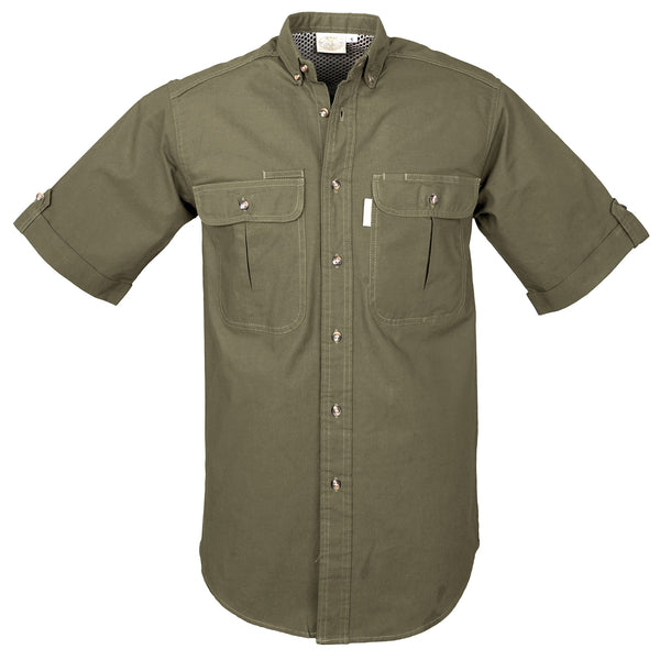 Front view of a Men's Vent Back Adventure Shirt in Short Sleeves, color Moss. The shirt has two flap-covered chest pockets, button-down collars, buttoned roll-up tabs on the sleeve cuffs, a button-front placket, double stitching throughout, and long rounded tails for tucking into pants. 100% cotton.