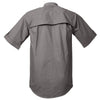 Back view of a Men's Vent Back Adventure Shirt in Short Sleeves, color Olive. The shirt has a mesh-lined vented back, buttoned roll-up tabs on the sleeve cuffs, and long rounded tails for tucking into pants. 100% cotton.