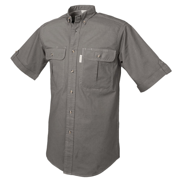 Side view of a Men's Vent Back Adventure Shirt in Short Sleeves, color Olive. The shirt has two flap-covered chest pockets, button-down collars, buttoned roll-up tabs on the sleeve cuffs, a button-front placket, double stitching throughout, and long rounded tails for tucking into pants. 100% cotton.