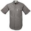 Front view of a Men's Vent Back Adventure Shirt in Short Sleeves, color Olive. The shirt has two flap-covered chest pockets, button-down collars, buttoned roll-up tabs on the sleeve cuffs, a button-front placket, double stitching throughout, and long rounded tails for tucking into pants. 100% cotton.