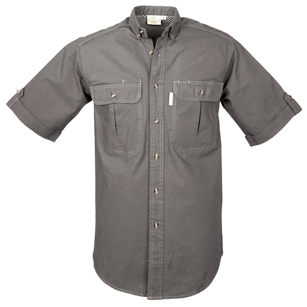 Front view of a Men's Vent Back Adventure Shirt in Short Sleeves, color Olive. The shirt has two flap-covered chest pockets, button-down collars, buttoned roll-up tabs on the sleeve cuffs, a button-front placket, double stitching throughout, and long rounded tails for tucking into pants. 100% cotton.