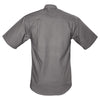 Back view of a Men's Trail Shirt with Buffalo Logo in Short Sleeves, color Olive. The shirt has a dual layer yoke, functional cross-stitched shoulder straps, double stitching throughout, and long rounded tails for tucking into pants. 100% cotton.