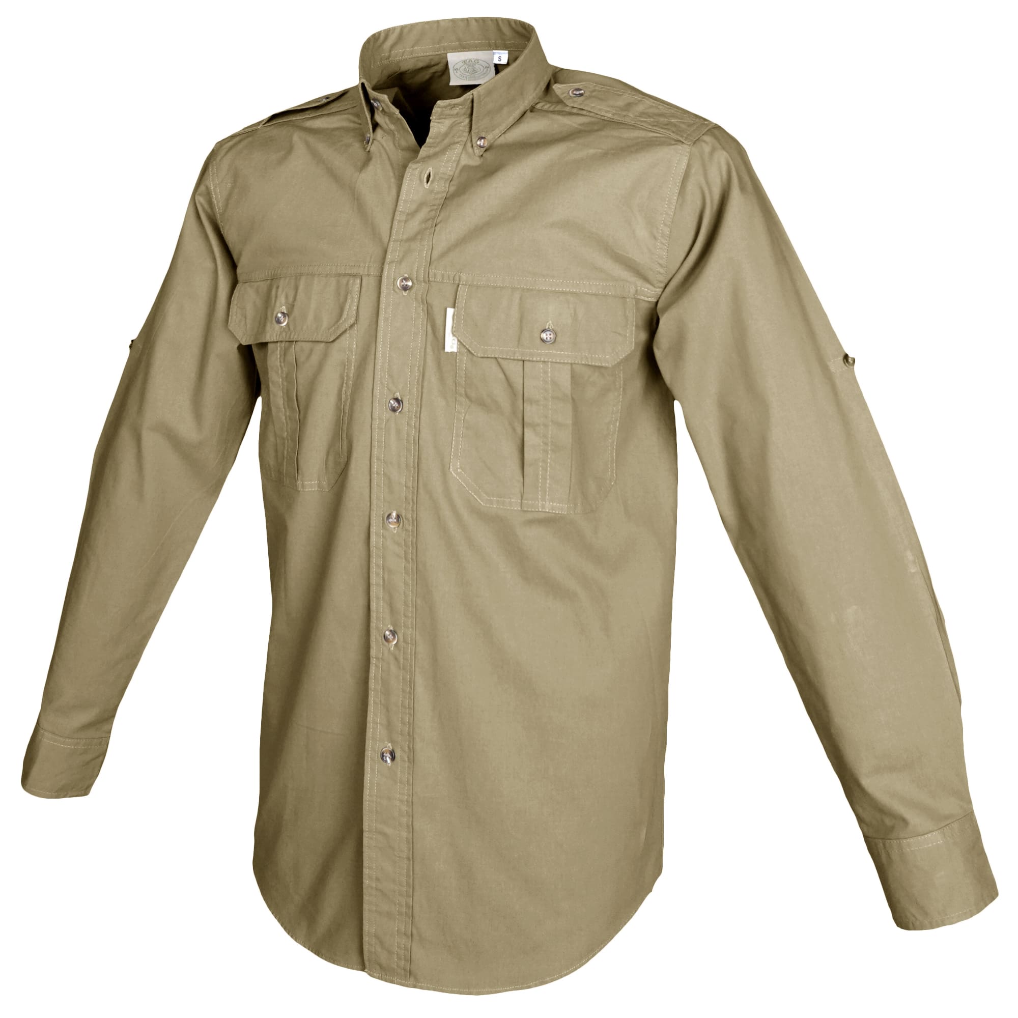 Side view of a Men's Trail Shirt in Long Sleeves, color Khaki. The shirt has two flap-covered chest pockets, button-down collars, functional cross-stitched shoulder straps, a button-front placket, double stitching throughout, and long rounded tails for tucking into pants. 100% cotton.--6