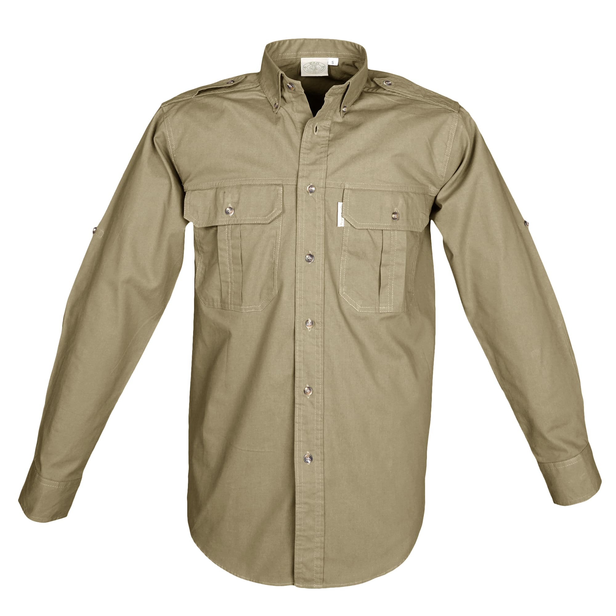 Front view of a Men's Trail Shirt in Long Sleeves, color Khaki. The shirt has two flap-covered chest pockets, button-down collars, functional cross-stitched shoulder straps, a button-front placket, double stitching throughout, and long rounded tails for tucking into pants. 100% cotton.--4